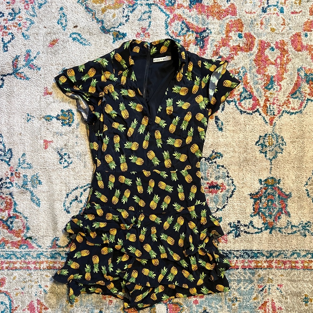 Alice + Olivia Black Pineapple Print Ruffle Detail Romper
